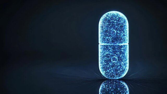 3d render of a glowing blue capsule shaped pill on a dark background, focuses on mental wellness supplements, wellness tablets, and vitamin treatment