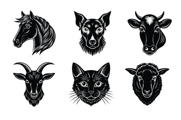 Animals head silhouette set vector illustration. Cow, Cat, horse, dog, sheep mascot icon collection