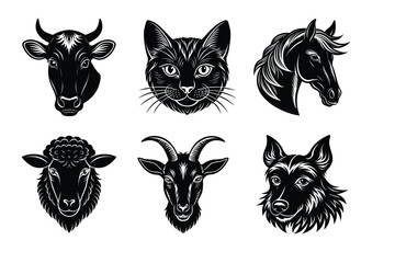 Animals head silhouette set vector illustration. Cow, Cat, horse, dog, sheep mascot icon collection