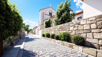 Naklejka premium Charming cobblestone street and church
