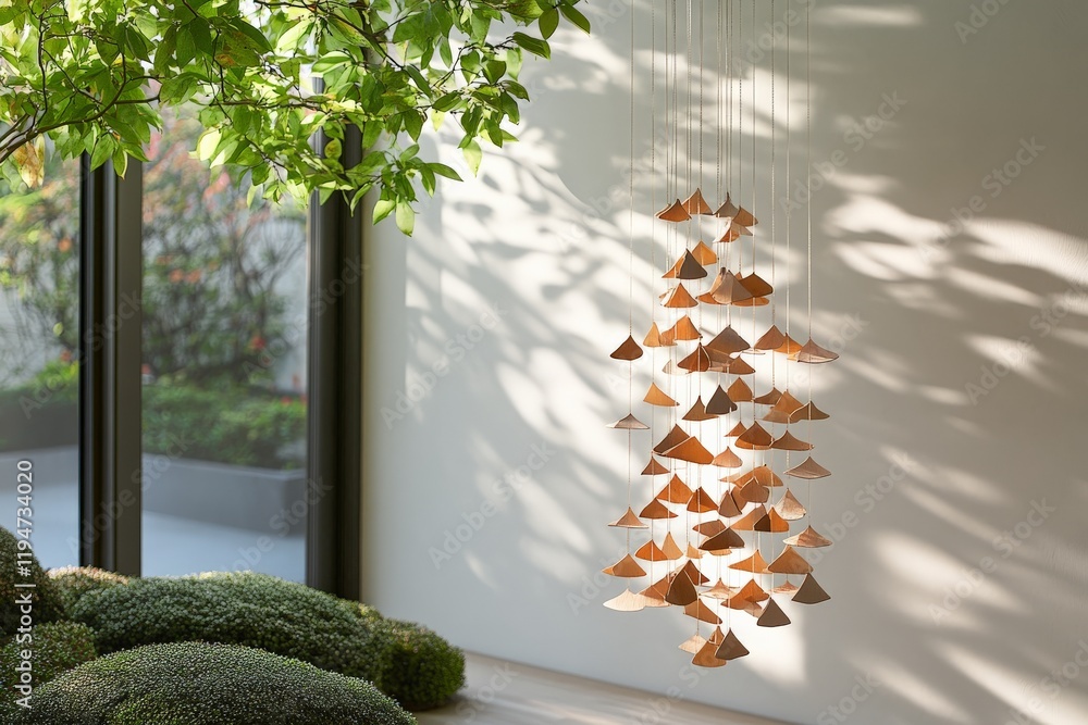 Poster this image shows a wooden mobile featuring an arrangement of delicate triangular shapes, capturing a