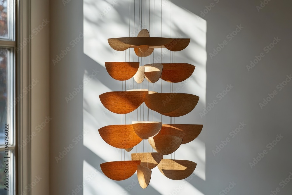 Aufkleber The image captures an abstract wooden mobile composed of harmoniously arranged semicircular elements that project an artful balance between form and light.