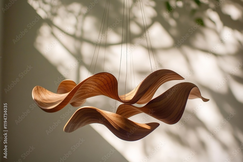 Poster This image captures a stunning curved wooden art installation, elegantly interacting with ambient light to create a dynamic play of shadows and movement.