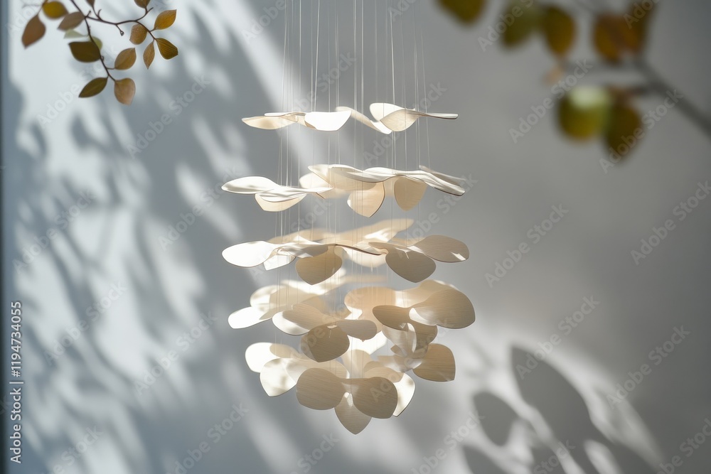Poster a white, petal-like mobile suspended elegantly, casting gentle shadows, creating a serene and tranqu