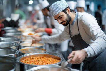  A community soup kitchen serving hot meals to people, with volunteers working efficiently to spread kindness during Ramadan