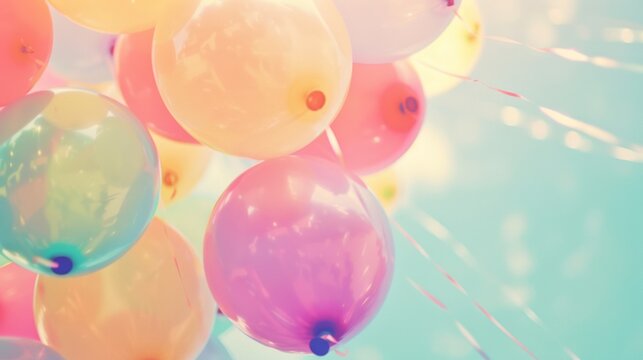 Pastel balloons float, sunny sky, celebration, party backdrop - Powered by Adobe