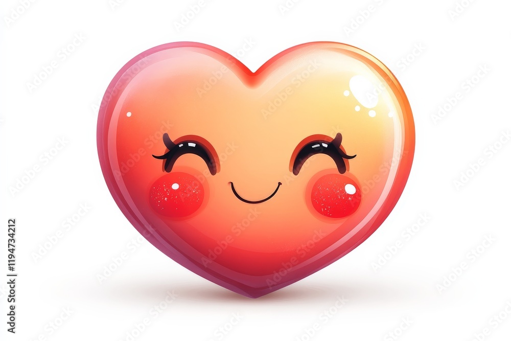Aufkleber a cute glossy heart with a cheerful smile is set against a stark white background, radiating positiv