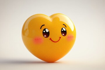A glossy smiling heart featuring large, expressive eyes is captured against a soft neutral background, portraying a feeling of warmth, joy, and friendly affection.