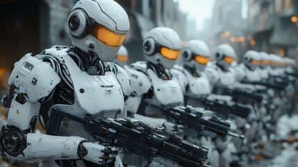 Fototapeta premium Humanoid robots patrolling dystopian city. Generative AI