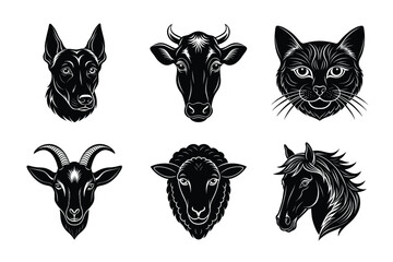 Fototapeta premium Animals head silhouette set vector illustration. Cow, Cat, horse, dog, sheep mascot icon collection