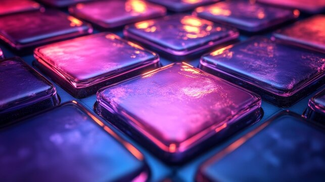 Futuristic neon glass tiles glowing in darkness. Generative AI