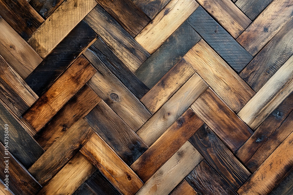 Poster showcasing a striking herringbone pattern with varied wood tones, this image captures the essence of