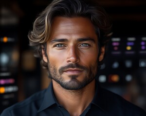 Handsome man with long hair and blue eyes.