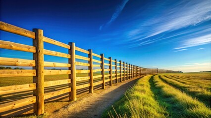 Fototapeta premium Wooden Fence Lines Rural Field under a Bright Blue Sky