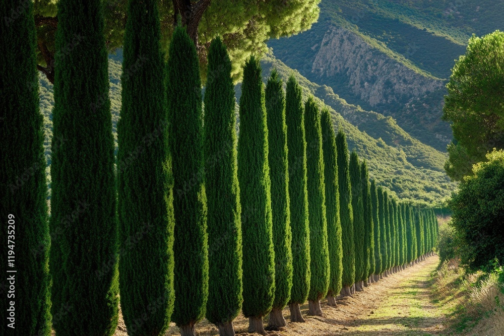 Poster a row of trees lines a dirt road in a natural environment