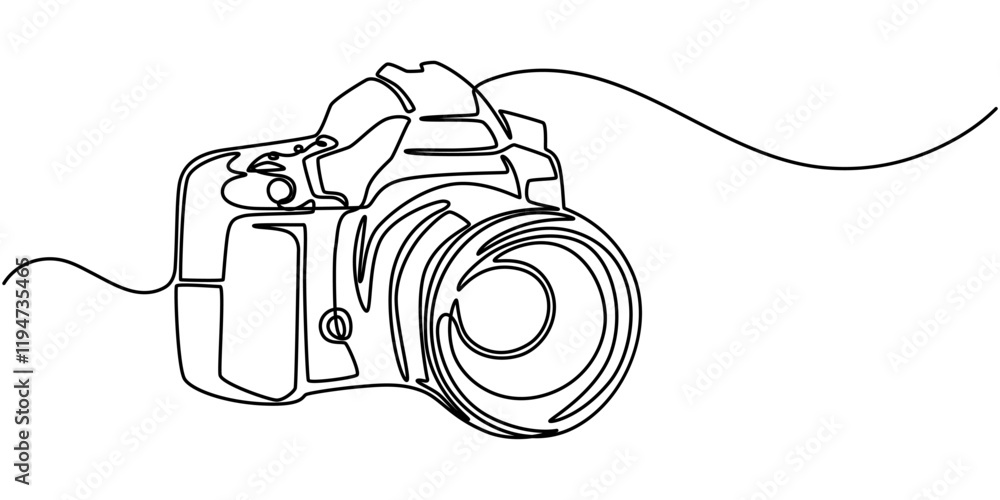 Poster continuous one line drawing photography icons concept. single line vector illustration. camera, lens