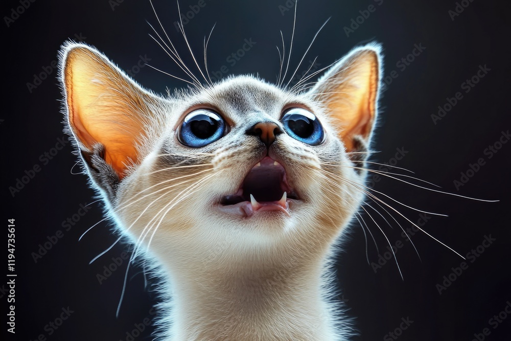Poster a close-up shot of a cat's face with its mouth open, suitable for use in animal-related or whimsical