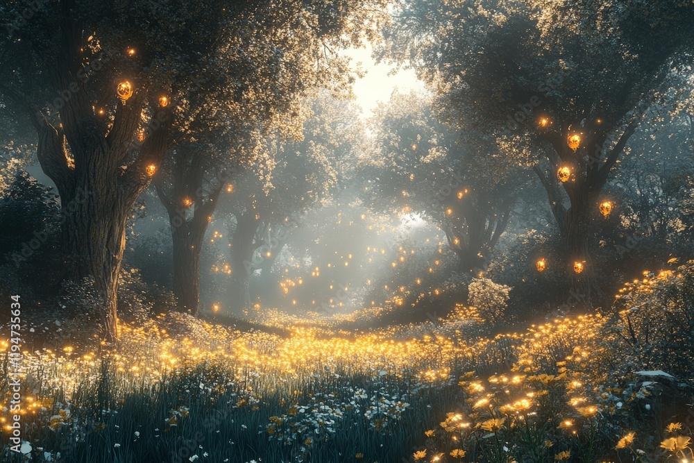 Aufkleber a magical forest illuminated by warm glowing lights and vibrant flowers, creating an enchanting and 