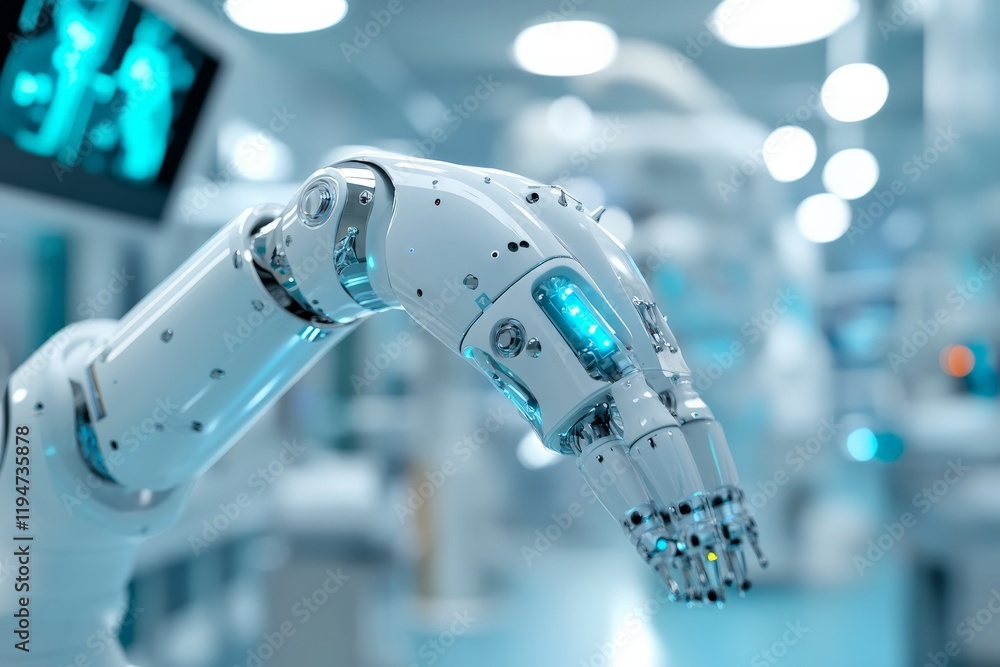 Poster close-up of a robotic hand with intricate mechanical details, set in a high-tech medical laboratory,