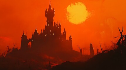 Spooky orange background with pitch black castle shadow