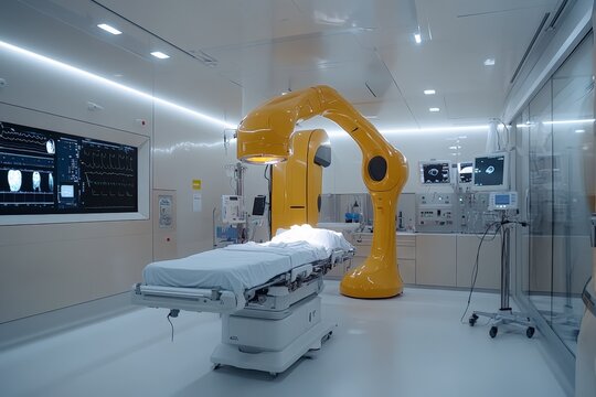 A modern surgical room featuring advanced yellow robotic arm equipment, designed for precise medical procedures, highlighted by sleek, high-tech surroundings.