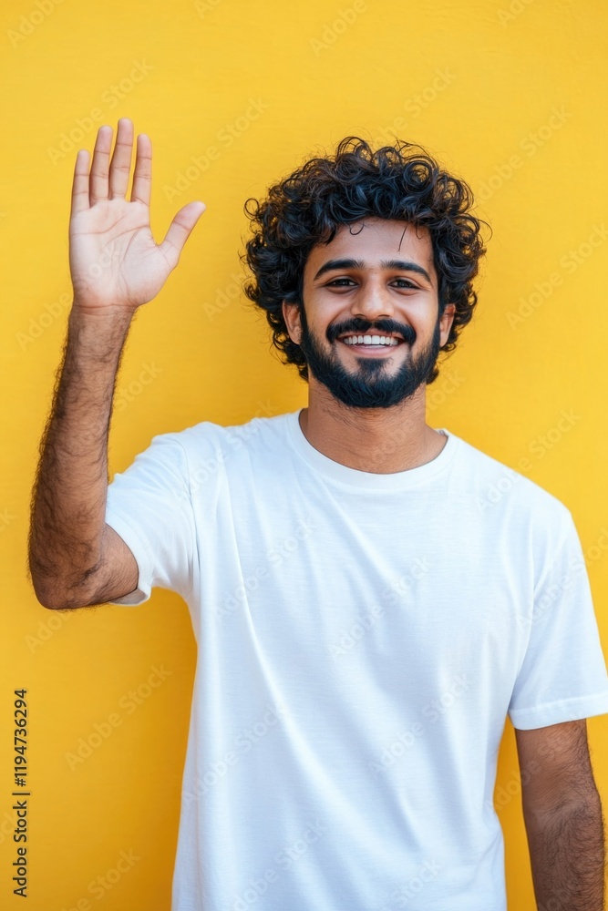 Poster portrait of a man with curly hair and a beard waving his hand, suitable for use in editorial or crea