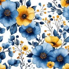 Watercolor Floral Pattern with Blue and Yellow Flowers on White Background for Elegant Design Projects