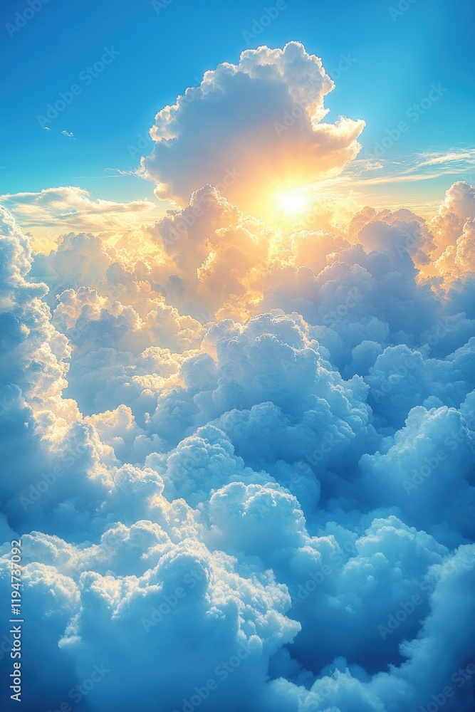 Poster a serene and peaceful scene of a sunset over clouds in the sky, suitable for use as a background or 