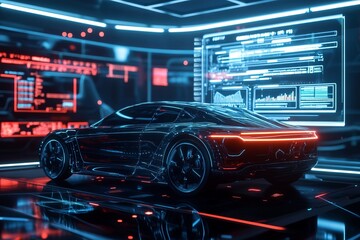 concept car with smooth lines, with a display with parameters in the background