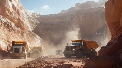 trucks in a gemstone quarry, steep rocky and dusty terrain