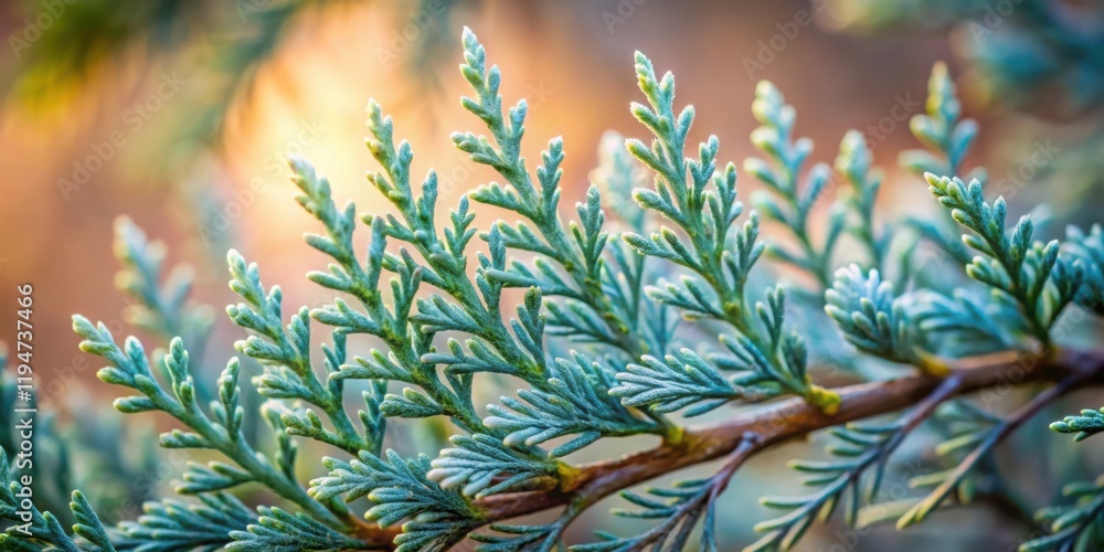 Aufkleber close-up view of delicate evergreen foliage illuminated by soft sunlight