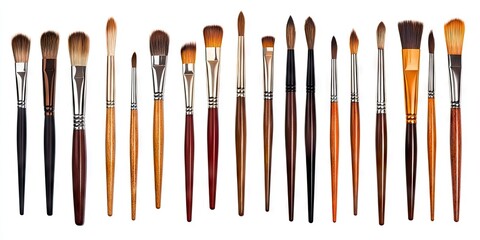 Diverse assortment of paintbrushes in various sizes and shapes arranged neatly on a white background showcasing vibrant bristle colors and textures.