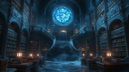 Obraz premium Enchanted Fantasy Library with Grand Staircase. Generative AI
