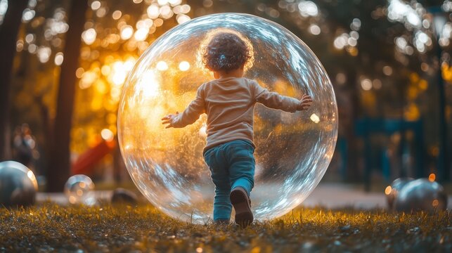 Child in protective transparent bubble playing in park, sunset, soft warm light