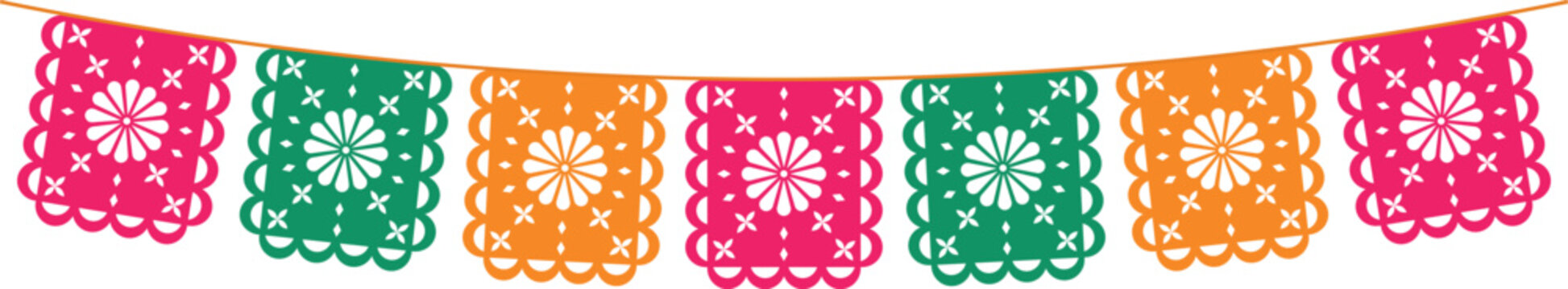 Bright flags with ornaments for Mexican holidays. Colored papel picado paper. Isolated vector illustration.
