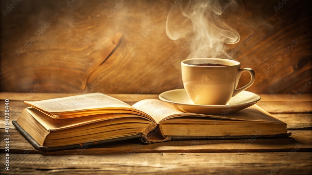 Poster Aromatic Coffee Steaming Beside an Open Book on Rustic Wooden Table