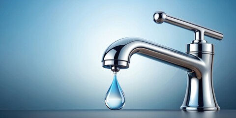 A single drop of water falling from a chrome faucet
