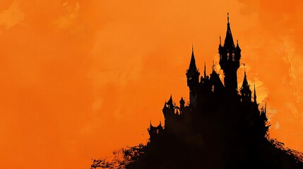 Orange background with a shadowy black castle for Halloween