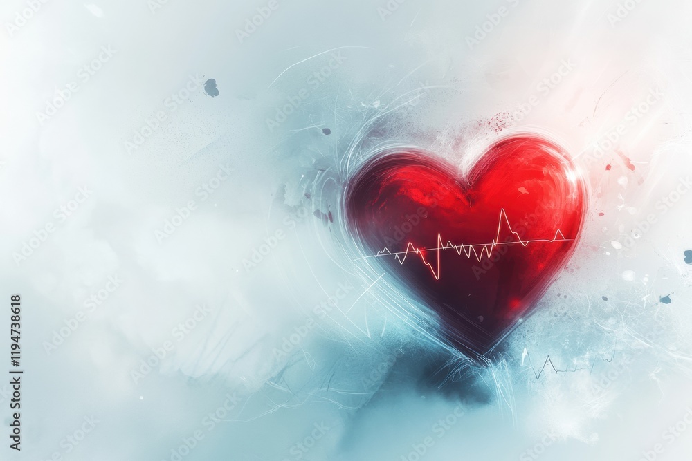 Aufkleber Glowing red heart with dynamic cardiogram displayed against a soft blue background. Generative AI