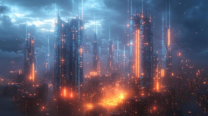 Fototapeta premium Futuristic Digital City Skyline with Neon Lights. Generative AI
