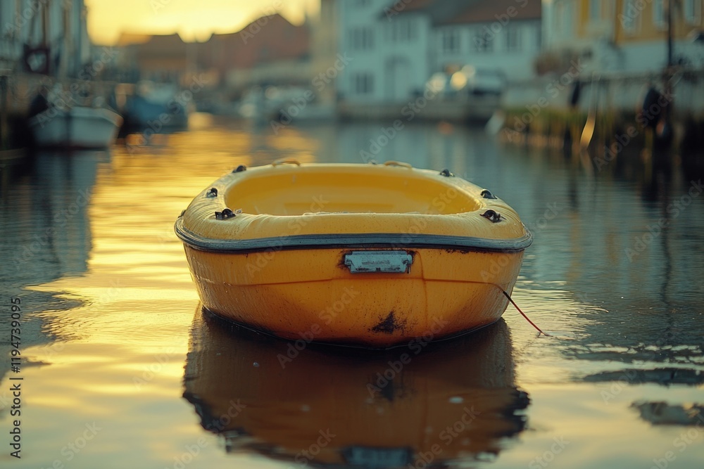 Poster a yellow boat sitting on the surface of a calm body of water, perfect for use in editorial or commer