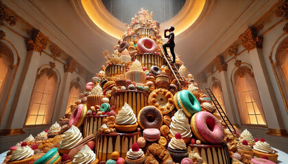 Fototapeta premium A man is standing on a ladder in front of a huge cake. The cake is decorated with many different types of pastries and desserts, including donuts, cupcakes, and other sweets
