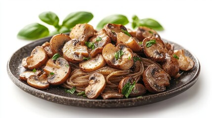 Fototapeta premium Delicious mushroom pasta dish, close-up, studio shot, white background, food photography for recipe websites