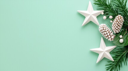 A green background with two white stars and pine cones
