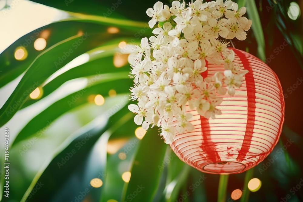 Poster a single red lantern hangs from a branch filled with white flowers