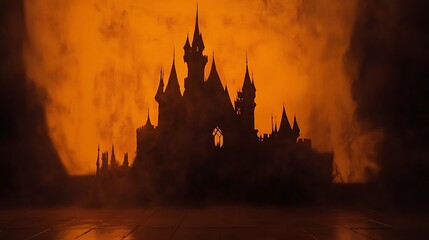 Orange Halloween backdrop featuring a haunting castle shadow