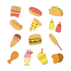 Colorful Illustration of Popular Fast Food and Snacks in a Fun Cartoon Hand Drawn Style Collection