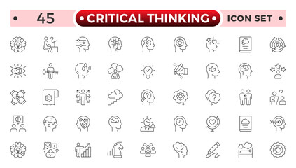 Critical thinking outline icon set. Containing think, problem-solving, analysis, reasoning, evaluation, experience, research, logic and listening icons.