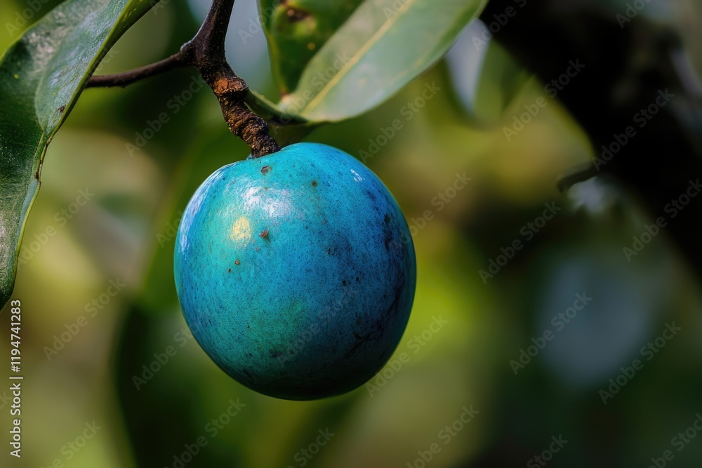 Poster a close-up view of a blue fruit growing on a tree branch