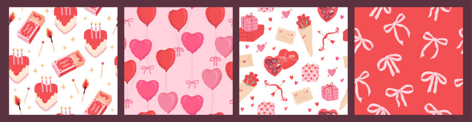 Collection of Love season, Valentines Seamless pattern  vector illustration of sweet dessert, cake, match balloon and ribbon